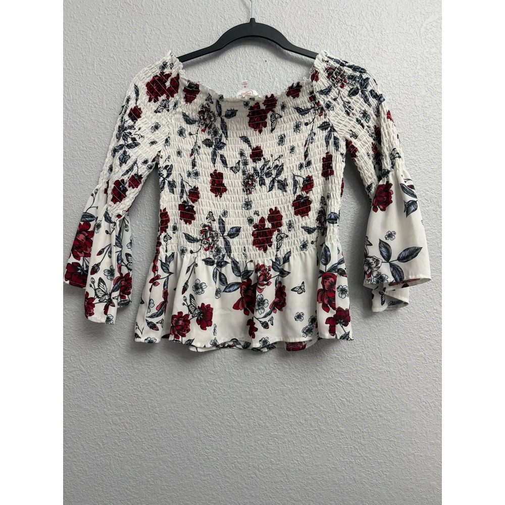 Candies Floral Butterfly Smocked Off The Shoulder Bell Sleeve Peplum Top White M - Picture 7 of 7